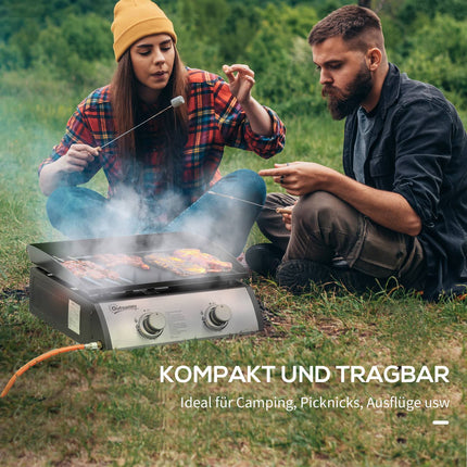 Stalo kepsninės dujinės kepsninės su 2 degikliais, stalo dujinės kepsninės su žarna, nelimpanti kepsninės plokštė, stovyklavimo kepsninės, nerūdijančio plieno + metalo, sidabrinės