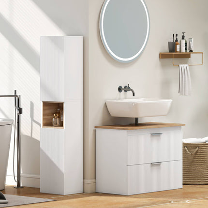 Tall Bathroom Cabinet, White/Natural Wood, Adjustable Shelves