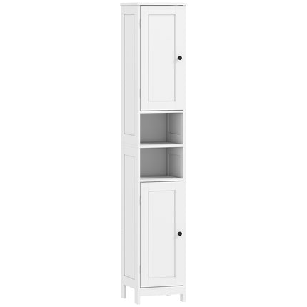 Aukšta vonios spintelė su durelėmis, atviromis lentynomis, balta, 170 cm