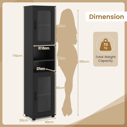Tall Black Bathroom Storage Cabinet with Fluted Doors
