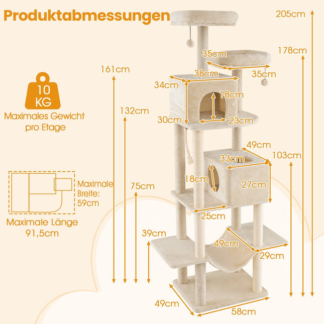 Tall Multi-Level Cat Tree with Sisal Posts, 2 Caves, Beige