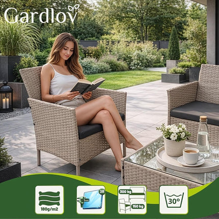 Technorattan Garden Furniture Set with Sofa and 2 Armchairs, Glass Table, Beige
