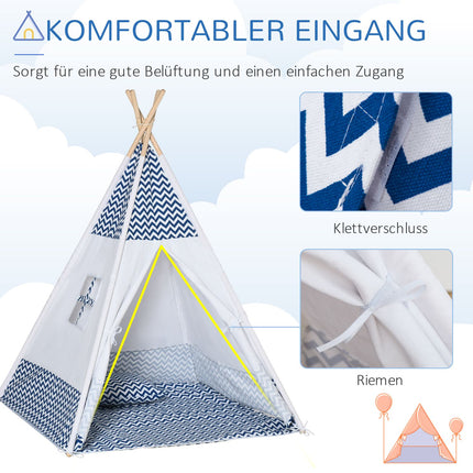 Teepee tent for children, white, with pillow & mat, indoor/outdoor