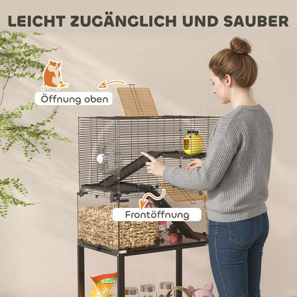Trijų lygių žiurkėnų narvas su ratuku ir priedais