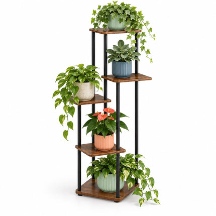 Tiered Plant Stand with 5 Square Shelves, Iron and MDF – 106 cm, Dark Brown