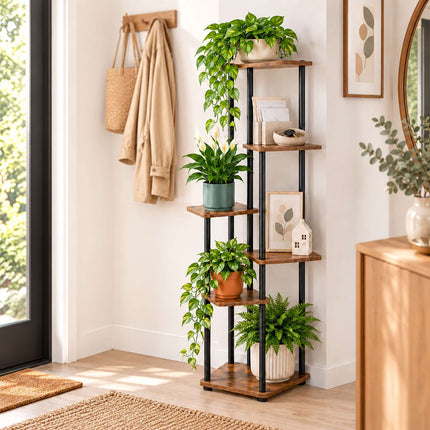 Tiered Plant Stand with 6 Square Shelves, Iron and MDF – 132.5 cm, Dark Brown