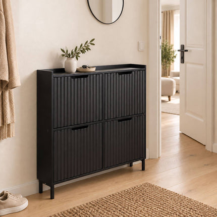 Tilt-Out Shoe Cabinet with 4 Compartments, Ribbed Front, Black, Up to 8 Pairs