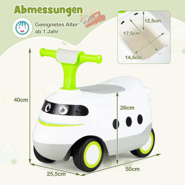 Vaikiškas važiavimo automobilis su garso signalu ir daiktadėže, žalias