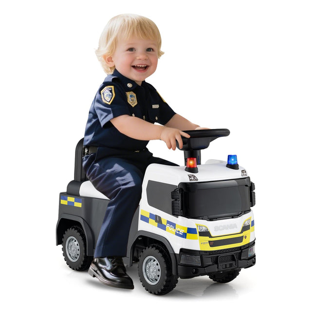 Vaikiškas policijos automobilis su vairo mechanizmu ir daiktadėže
