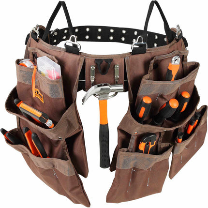 Tool Belt With 19 Pockets, Adjustable 32–54 In, Brown