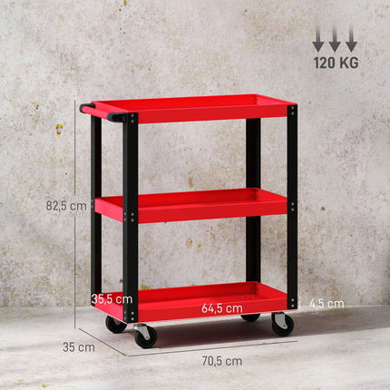 Įrankių vežimėlis, 3 pakopų, metalinis rėmas, 120 kg talpa, raudonas