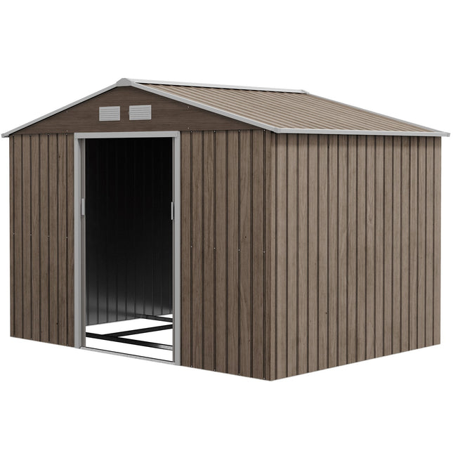 Įrankių sandėliukas 4,9 m², sodo sandėliukas su šlaitiniu stogu, stumdomomis durimis, pamatais, 277 x 195 x 192 cm, įrankių sandėliukas iš cinkuoto plieno, atsparus oro sąlygoms, sodui, šviesiai rudas