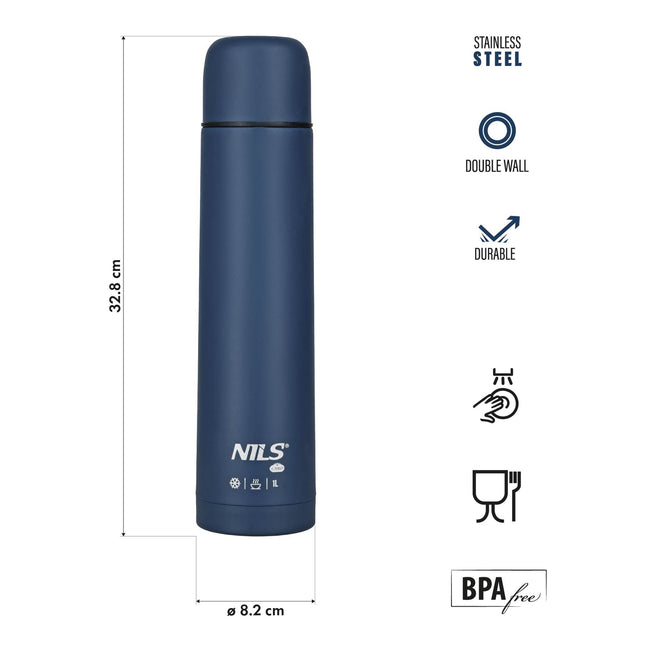 Turistinis termosas 1000 ml, mėlynas, izoliuotas