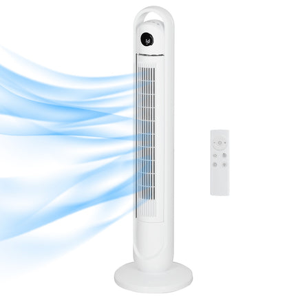 Bokštinis ventiliatorius, stovo tipo ventiliatorius su 3 vėdinimo lygiais, nuotolinio valdymo pultas, 55 W ventiliatorius su 24 val. laikmačiu, LCD ekranas, 70° svyravimas, miegamajam, baltas