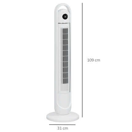 Bokštinis ventiliatorius, stovo tipo ventiliatorius su 3 vėdinimo lygiais, nuotolinio valdymo pultas, 55 W ventiliatorius su 24 val. laikmačiu, LCD ekranas, 70° svyravimas, miegamajam, baltas