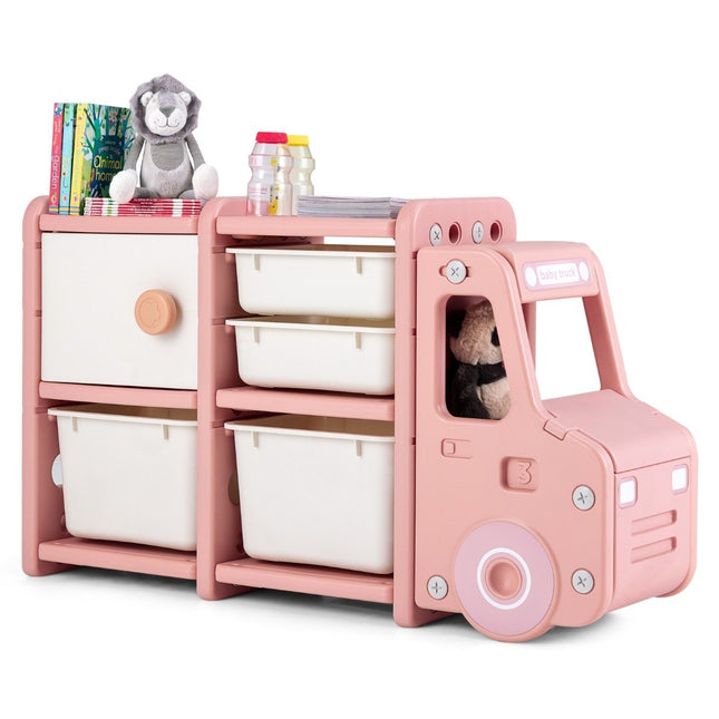 Toy shelf 2 levels children's shelf with drawers and storage boxes 110 x 32 x 66 cm pink