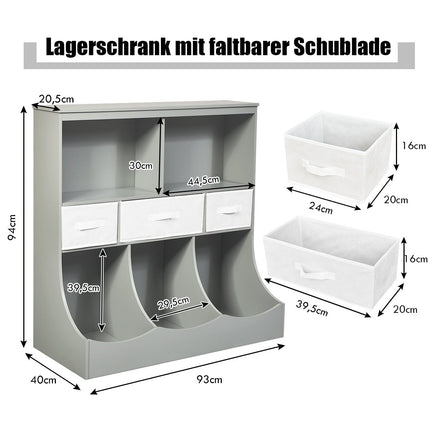 Žaislų lentyna su 5 skyriais ir 3 stalčiais, vaikiška lentyna-žaislų organizatorius, 93 x 40 x 94 cm, pilka