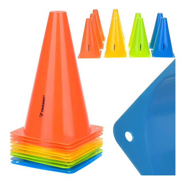 Treniruočių kūgiai, 10 vnt., 23 cm, lankstūs, plastikiniai, įvairių spalvų