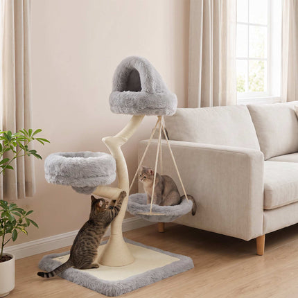 Tree-Shaped Cat Tree 115 cm with 2 Washable Beds and Hammock, Light Grey