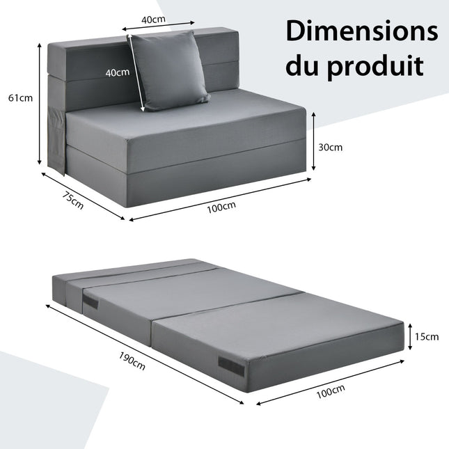 Trigubai sulankstoma sofa-lova su čiužiniu, 6 colių, su pagalve, tamsiai pilka