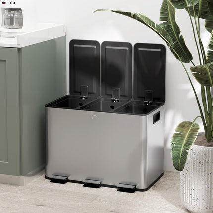 Triple Pedal Bin 3 x 10 L with Soft-Close Lids, Removable Buckets, Silver