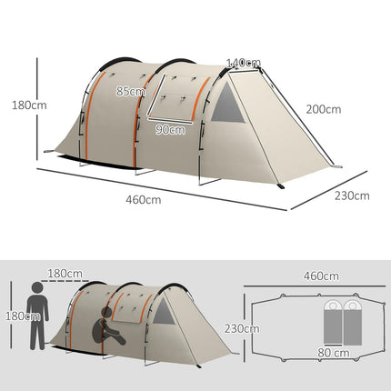 Camping tunnel tent - 5 people, 2 rooms, khaki, waterproof