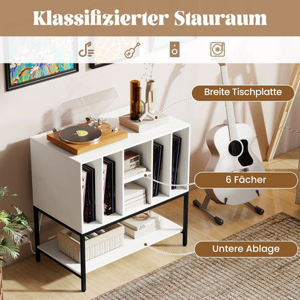 Patefono stovas su įkrovimo stotele ir vinilo plokštelių saugykla