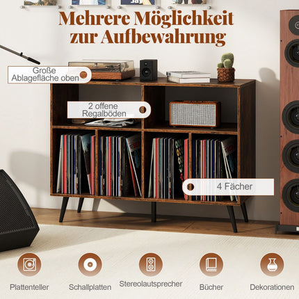 Patefono stovas su vinilo plokštelių saugykla, kaimiško rudo atspalvio