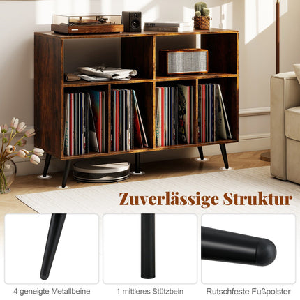 Patefono stovas su vinilo plokštelių saugykla, kaimiško rudo atspalvio