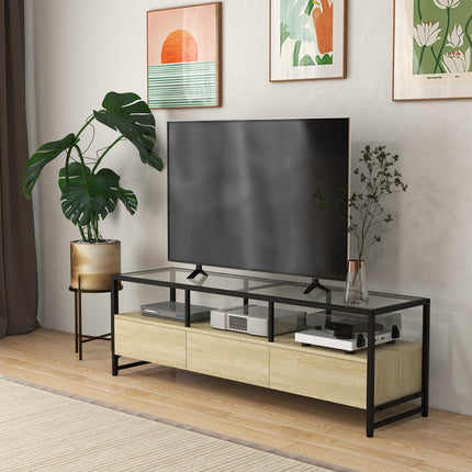 TV spintelė su 3 skyreliais ir atviru skyriumi, TV plokštė įrenginiams iki 65", ąžuolo spalvos