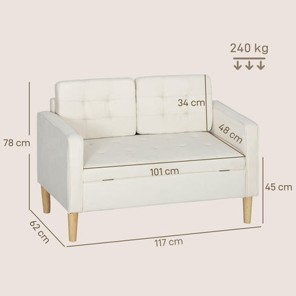 Dvivietė sofa su daiktadėže, kreminės spalvos aksomas, 117 cm
