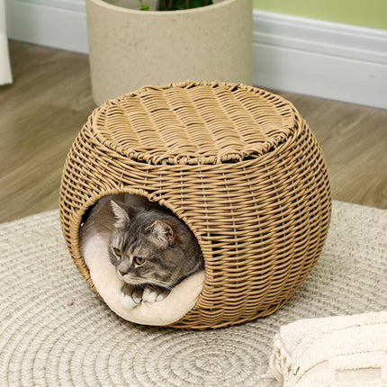 Dviejų pakopų rotango katės guolis su pagalvėle, katėms iki 3,5 kg