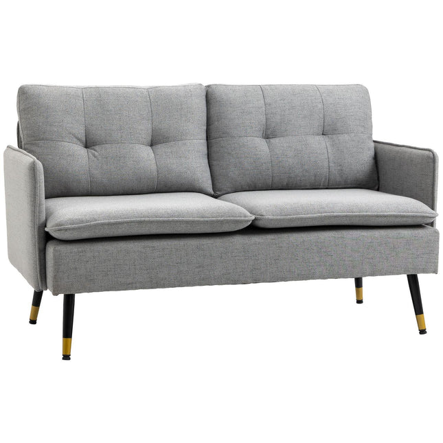 Two-seater gray sofa with cushions, linen look