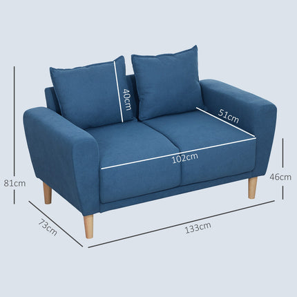 Dvivietė sofa su 2 pagalvėlėmis, minkšta sofa su 51 cm giliomis sėdynėmis, dvigulė sofa iš aksomo, maža sofa su mediniu rėmu, dvivietė sofa svetainei, miegamajam, biurui, 133 x 73 x 81 cm, mėlyna