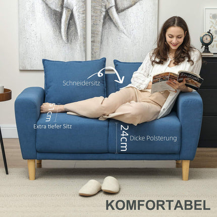 Dvivietė sofa su 2 pagalvėlėmis, minkšta sofa su 51 cm giliomis sėdynėmis, dvigulė sofa iš aksomo, maža sofa su mediniu rėmu, dvivietė sofa svetainei, miegamajam, biurui, 133 x 73 x 81 cm, mėlyna