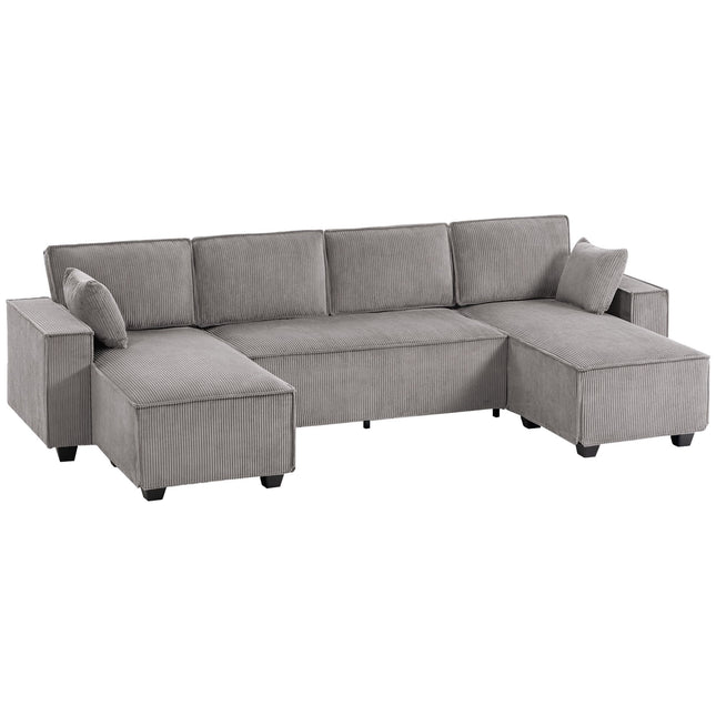 U formos kordoro stiliaus sekcijinė sofa su dvigubu šezlongu, šviesiai pilka