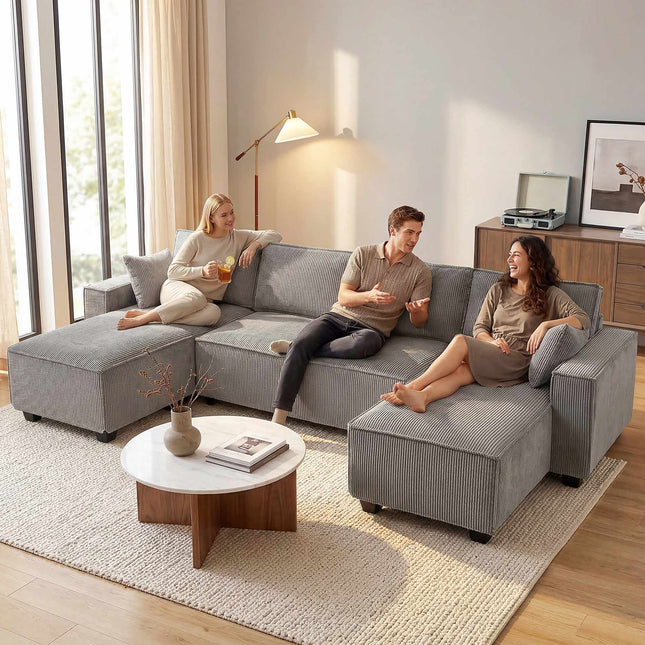 U formos kordoro stiliaus sekcijinė sofa su dvigubu šezlongu, šviesiai pilka