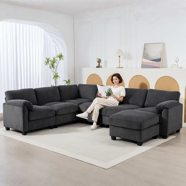 U formos sekcijinė sofa su velvetiniu audiniu, tamsiai pilka, 292x224 cm