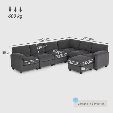U formos sekcijinė sofa su velvetiniu audiniu, tamsiai pilka, 292x224 cm