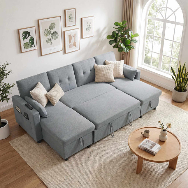 U formos miegamoji sekcijinė sofa, 4 vietų, su daiktadėže, pilka