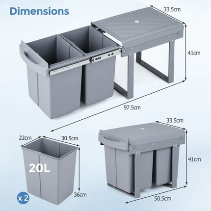 Ištraukiama šiukšliadėžė po spintele, 40 l, 2 šiukšliadėžės, pilka