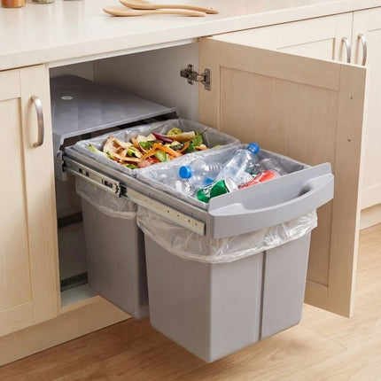 Ištraukiama šiukšliadėžė po spintele, 40 l, 2 šiukšliadėžės, pilka