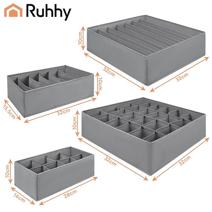 Underwear Drawer Organiser Set of 4, 45 Compartments, Foldable, Grey