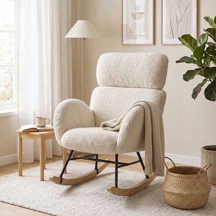 Upholstered Rocking Chair with Adjustable Headrest, Cream White, Rubberwood Legs