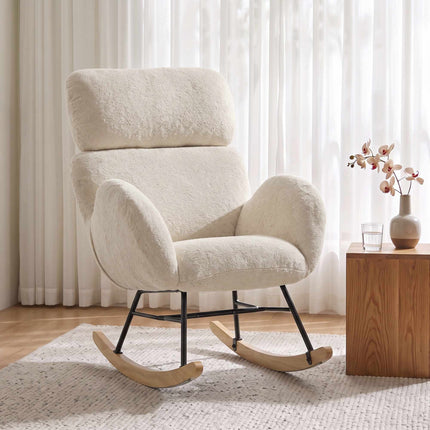 Upholstered Rocking Chair with Adjustable Headrest, Cream White, Rubberwood Legs