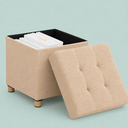 Upholstered Storage Cube Stool with Padded Seat, Beige, 38 cm