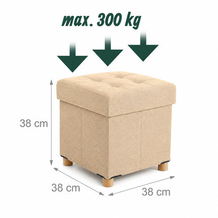 Upholstered Storage Cube Stool with Padded Seat, Beige, 38 cm