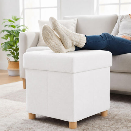 Upholstered Storage Cube Stool with Padded Seat, White, 38 cm