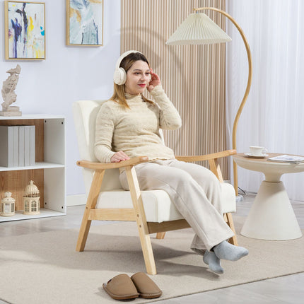 Apmuštas fotelis, putplasčio užpildas, kaučiukmedžio rėmas, kreminės baltos spalvos