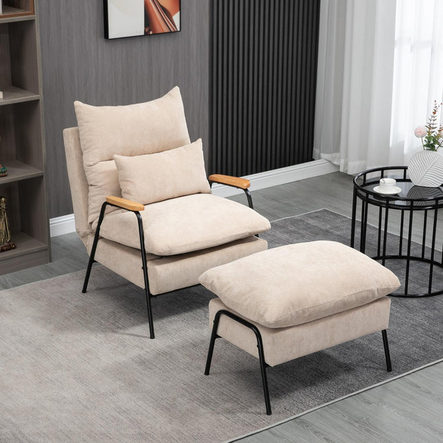 Upholstered armchair with footstool, reclining armchair with reclining function, upholstered chair, cushion, TV armchair, 68 x 91.5 x 88 cm, beige